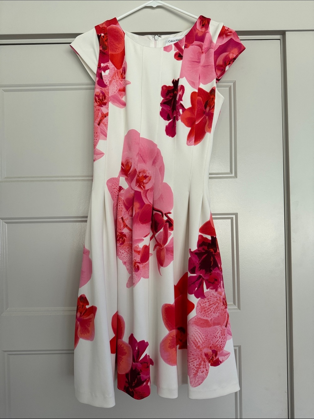 Calvin Klein White Midi Dress with Pink & Red Floral Print